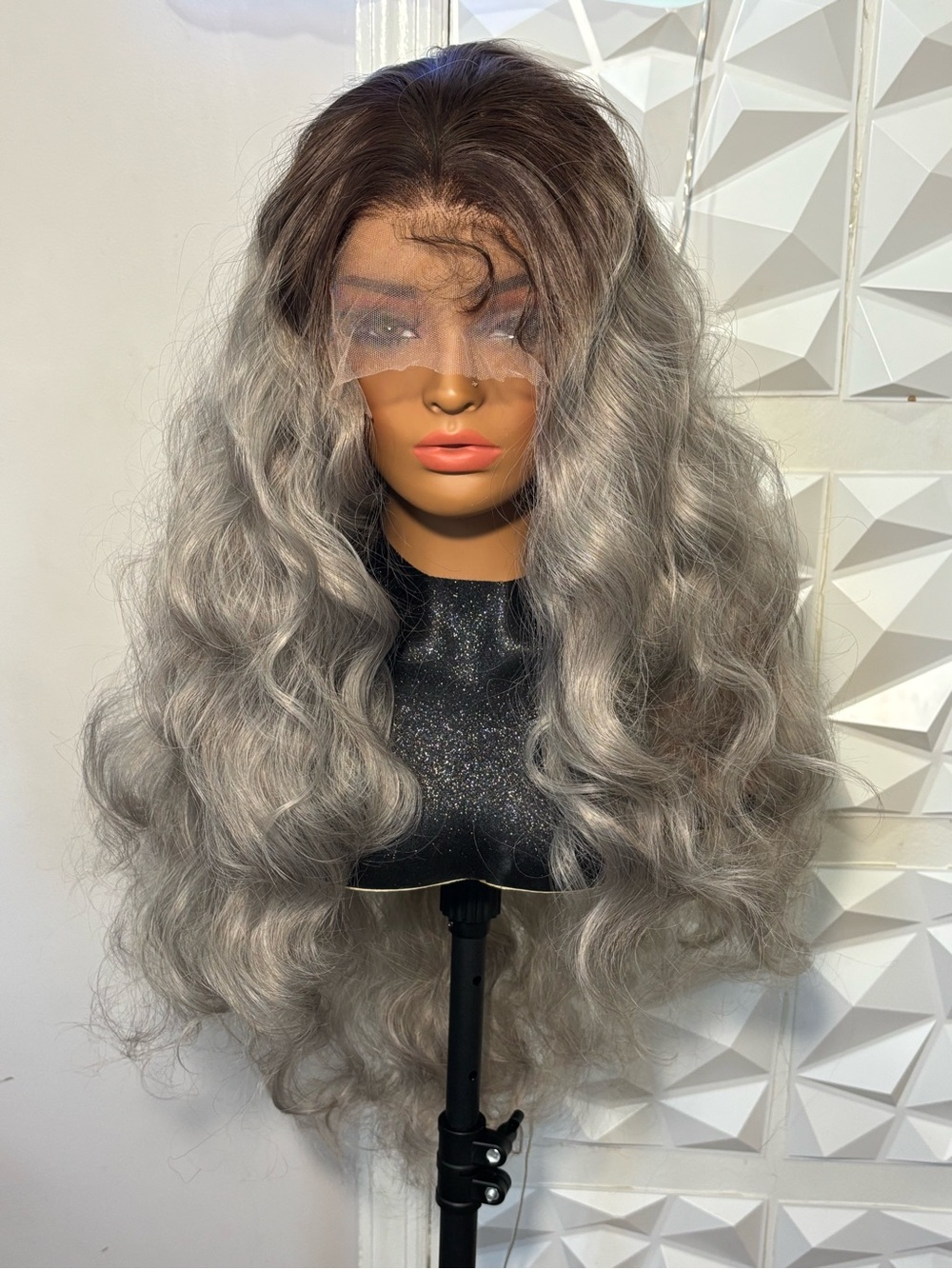 26 Inch HD Lace Front Hair Silver Gray Ombre Body Wave Blend Wig
